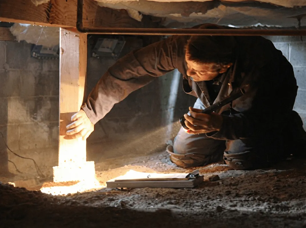 A professional inspecting wooden beams under the floor of a structure in Buffalo, NY